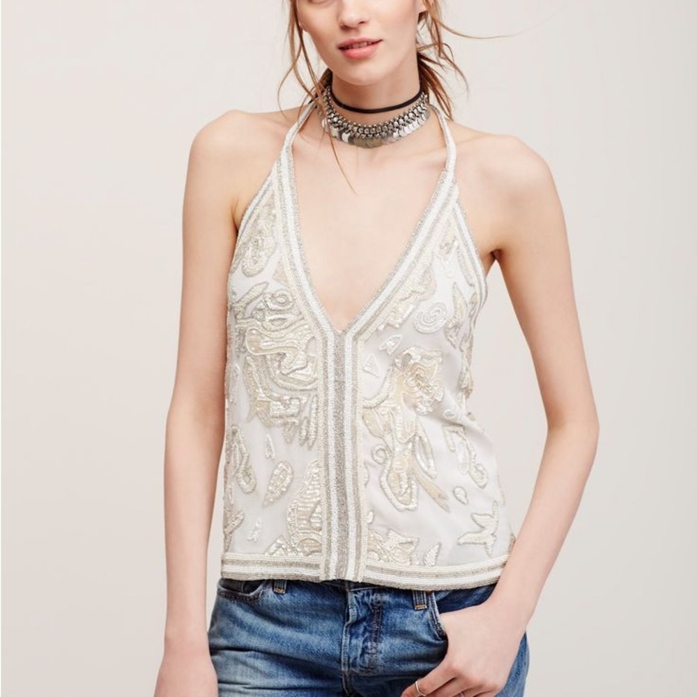 Free People Ivory Beaded Sequin Deep V Halter Top Size Large